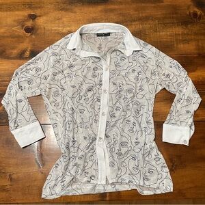 White and Black Woman Face Print Button Up Sheer Collared Button down 3X Womens